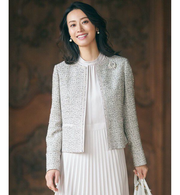 23区「【セットアップ対応】シャインツイードストレッチ ノーカラー ジャケット」|ノーカラージャケット|モノトーン