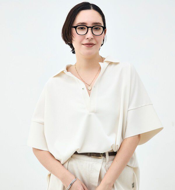 Rie Miller「ウォッシャブルポロ襟ハーフスリーブジョーゼットダンボール」|ポロシャツ|オフホワイト