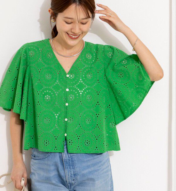 NOLLEY'S「《セットアップ対応》ウォッシャブルフレアスリーブレースブラウス」|シャツ・ブラウス|グリーン