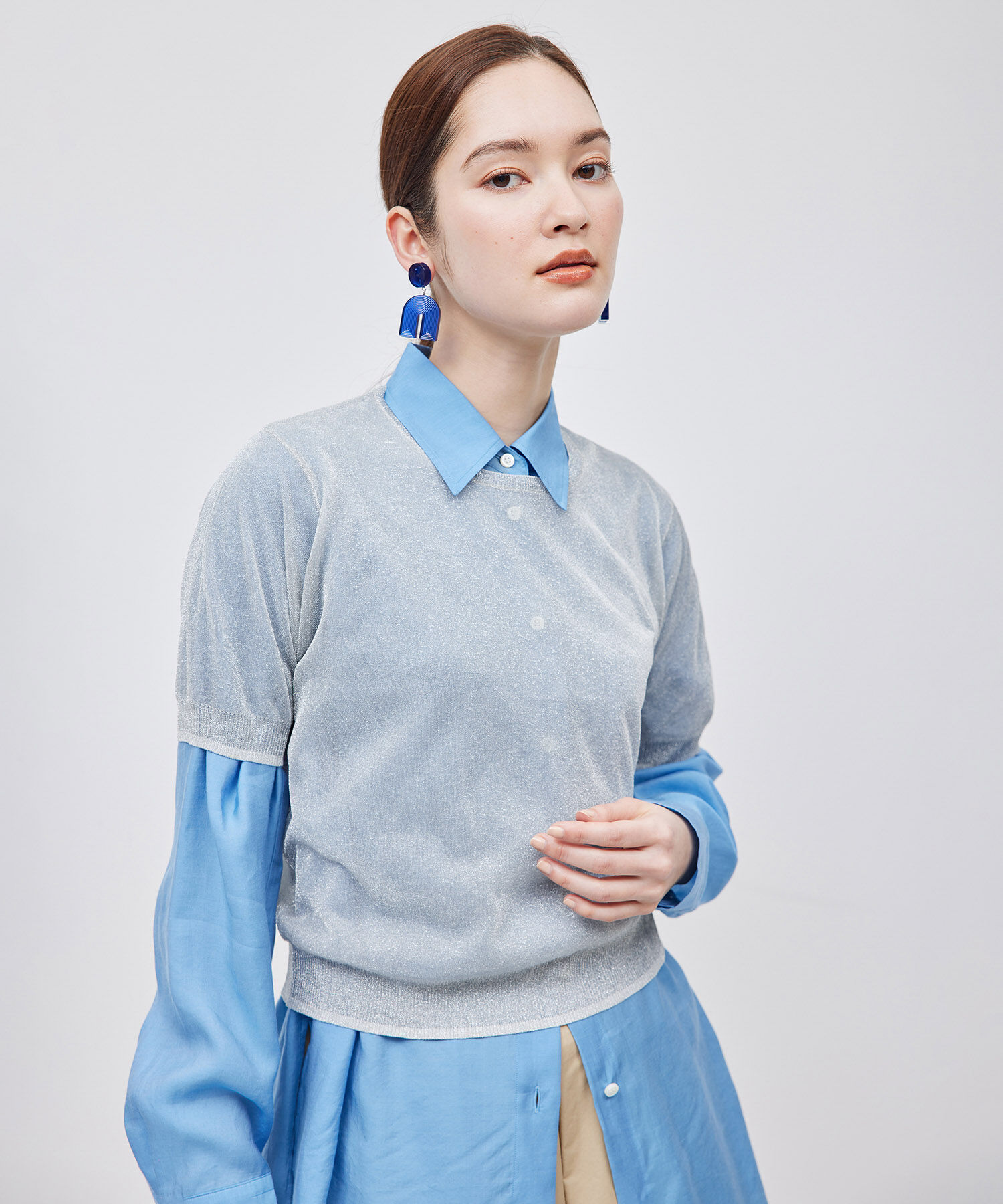 ROPE「【洗える】ラメシアーニット半袖プルオーバー【アンサンブル対応】」|ニット・セーター|