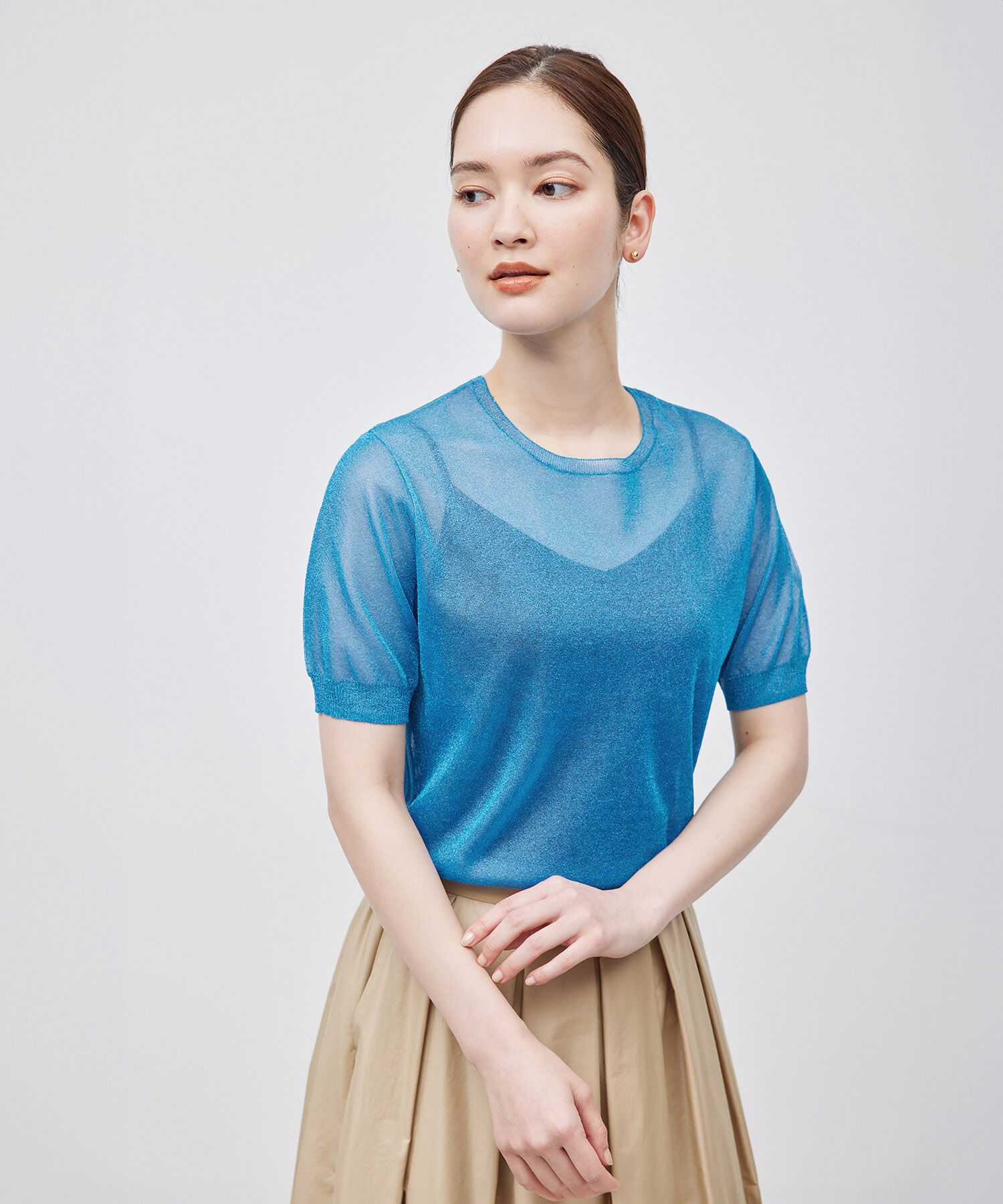 ROPE「【洗える】ラメシアーニット半袖プルオーバー【アンサンブル対応】」|ニット・セーター|