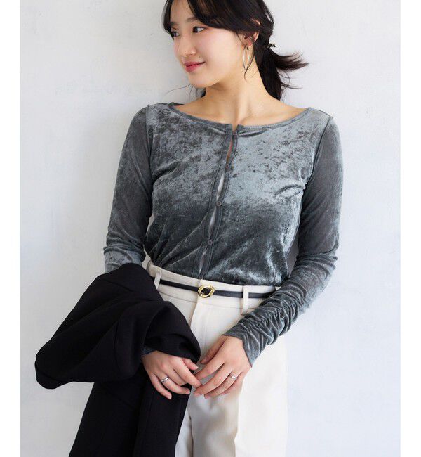 VIS「【2WAY】花柄＆無地アソート袖シャーリングベロアカーディガン」|カーディガン|