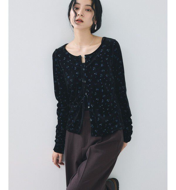 VIS「【2WAY】花柄＆無地アソート袖シャーリングベロアカーディガン」|カーディガン|