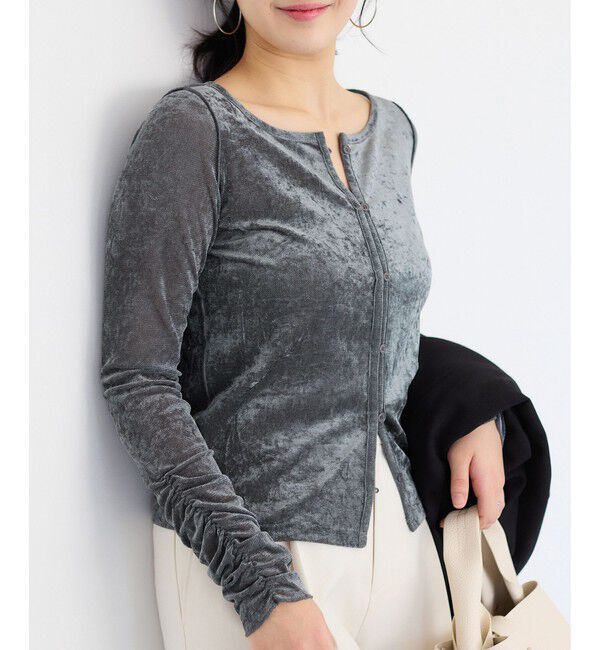 VIS「【2WAY】花柄＆無地アソート袖シャーリングベロアカーディガン」|カーディガン|