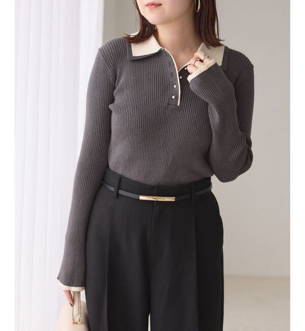 VIS「ダブルカラーポロニットトップス」|ニット・セーター|チャコール(06)