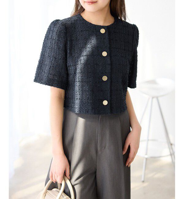 Rope&rsquo;Picnic「【サマー・ツイード】金ボタンカーディジャケット」|ノーカラージャケット|ネイビー(40)