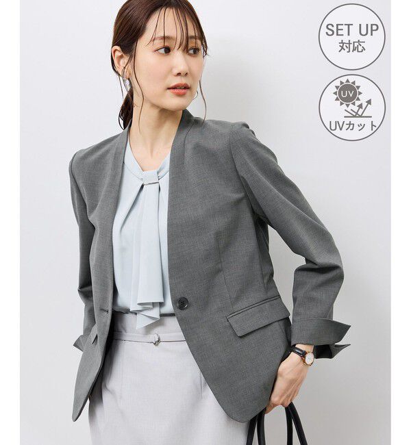 Rope&rsquo;Picnic「リネンライクシリーズ ドライタッチノーラペルジャケット/UVカット」|ノーカラージャケット|グレー(07)