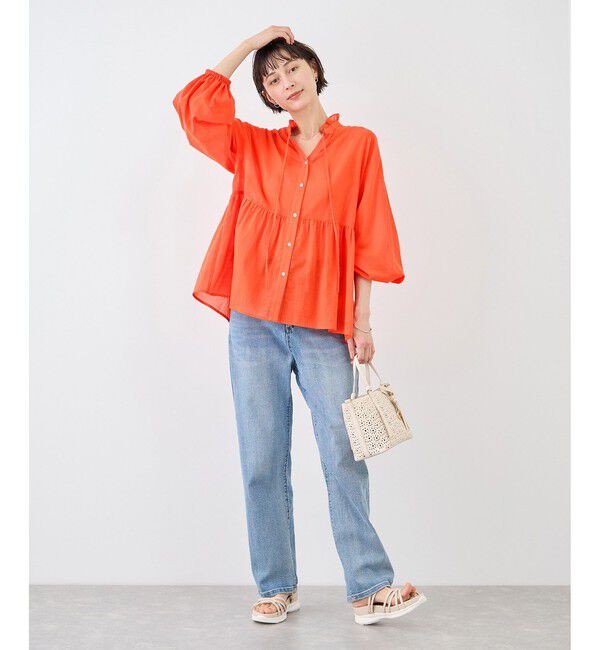 Rope&rsquo;Picnic「お着軽シャツシリーズ フリルカラーシアーペプラムブラウス/接触冷感・通気性」|シャツ・ブラウス|