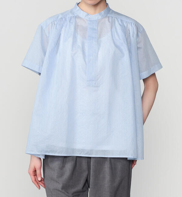 LE GLAZIK「LE GLAZIK | シアーストライプ スタンドカラープルオーバーシャツ WOMEN」|シャツ・ブラウス|