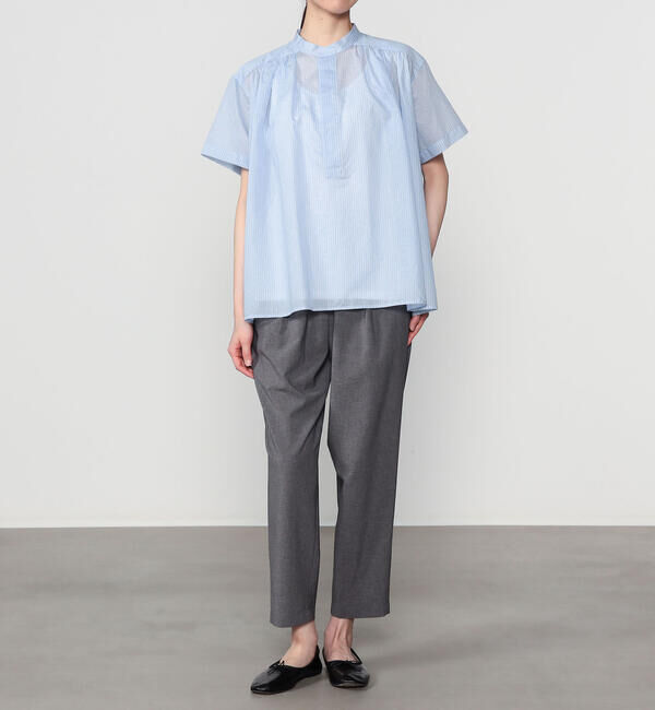 LE GLAZIK「LE GLAZIK | シアーストライプ スタンドカラープルオーバーシャツ WOMEN」|シャツ・ブラウス|