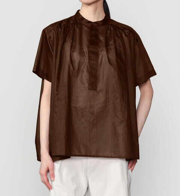 LE GLAZIK「LE GLAZIK | シアーボーダー スタンドカラープルオーバーシャツ WOMEN」|シャツ・ブラウス|BROWN系1