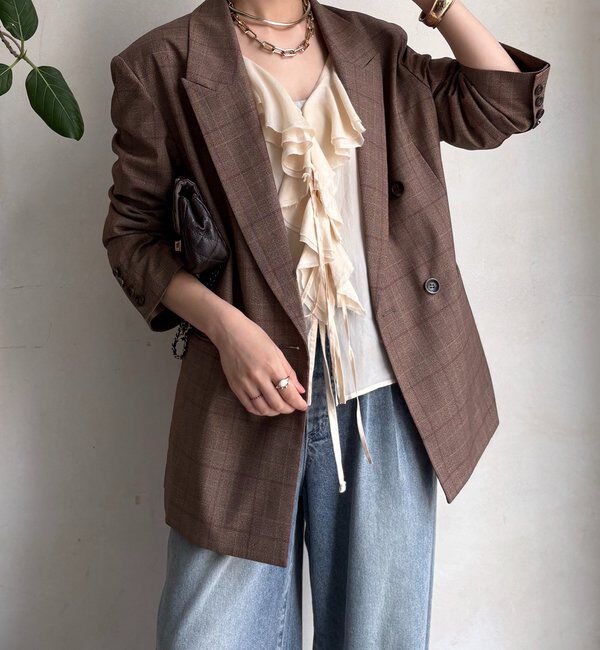  「肩パッドチェックダブルジャケット」|テーラードジャケット|ブラウン
