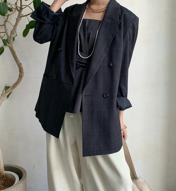  「肩パッドチェックダブルジャケット」|テーラードジャケット|