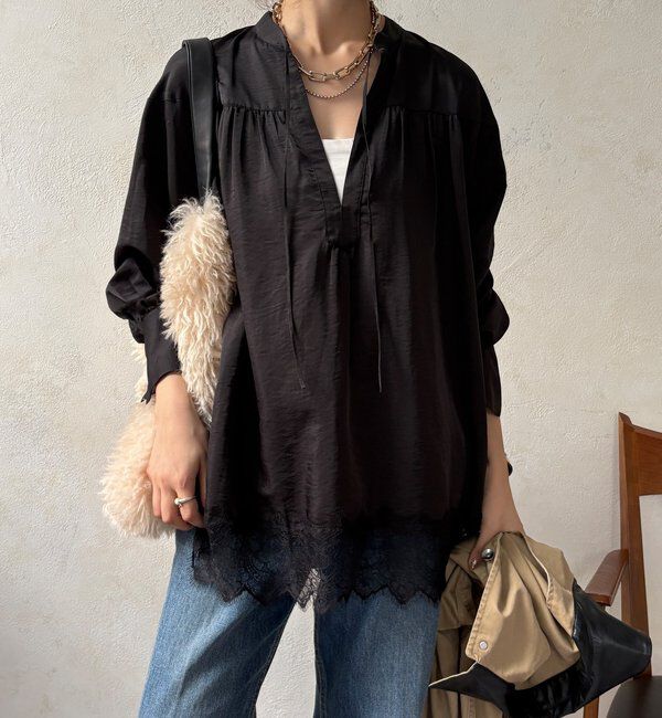  「レース切替チュニック」|シャツ・ブラウス|ブラック