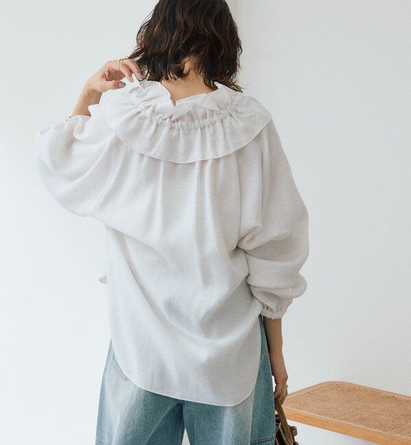  「【顔まわり華やか】リネンライクフリルカラーブラウス」|シャツ・ブラウス|