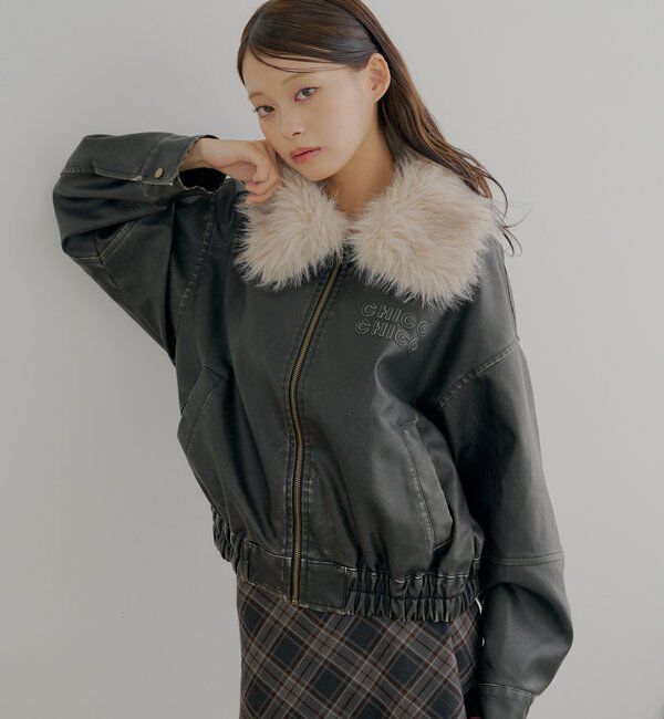  「【ファー取り外し可能】フェイクレザールーズジップブルゾン」|ブルゾン・スタジャン|