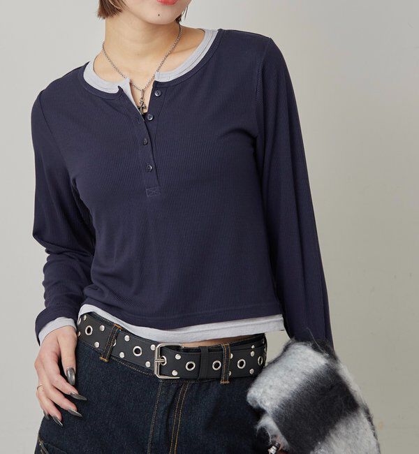  「レイヤードヘンリートップス」|Tシャツ・カットソー|ミッドナイトブルー