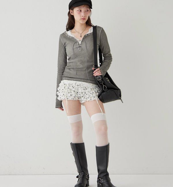  「レースショートパンツ(無地/ドット/チェック/レオパード)」|チノ|