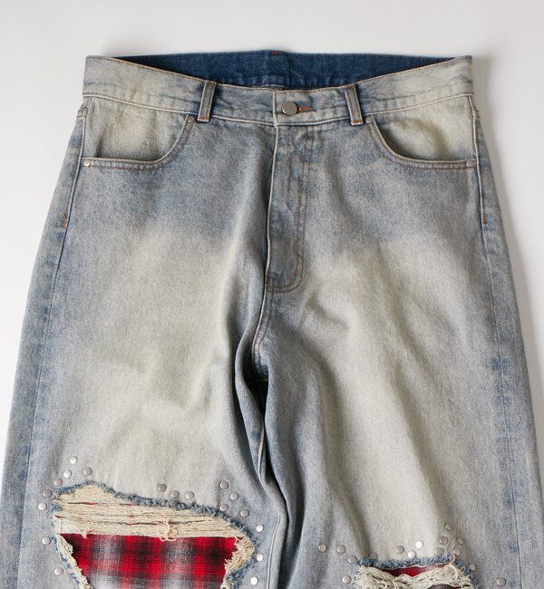  「チェックダメージスタッズデニム」|デニム|