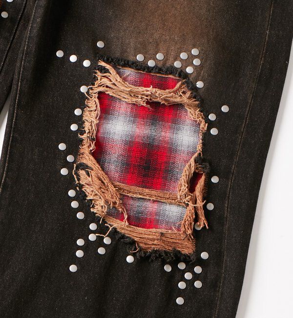  「チェックダメージスタッズデニム」|デニム|