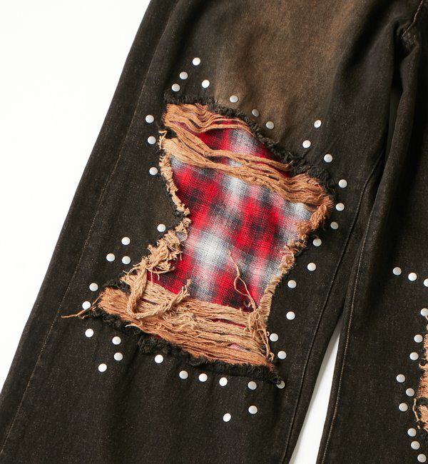 「チェックダメージスタッズデニム」|デニム|