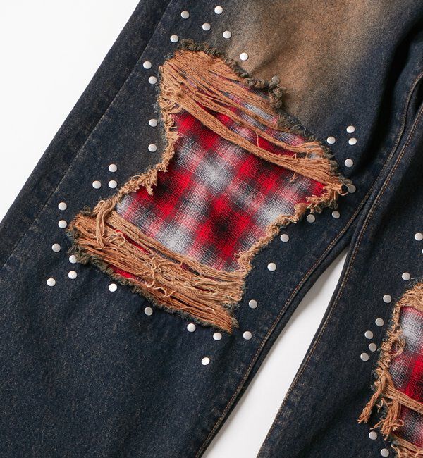  「チェックダメージスタッズデニム」|デニム|