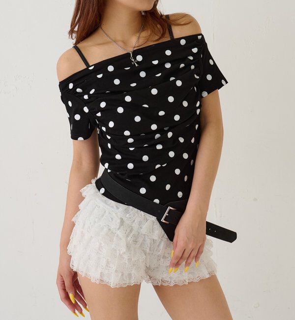  「ギャザーオフショルドットトップス」|Tシャツ・カットソー|ブラック