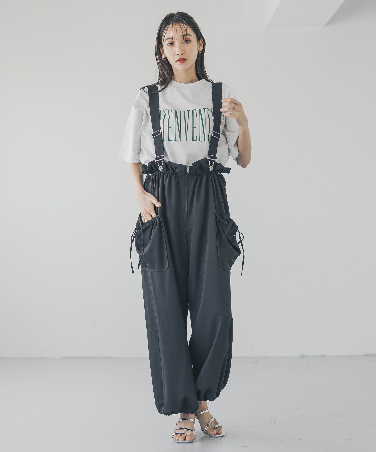 LOWRYS FARM「ウエストフリルリボンサロペ」|オールインワン|BLK