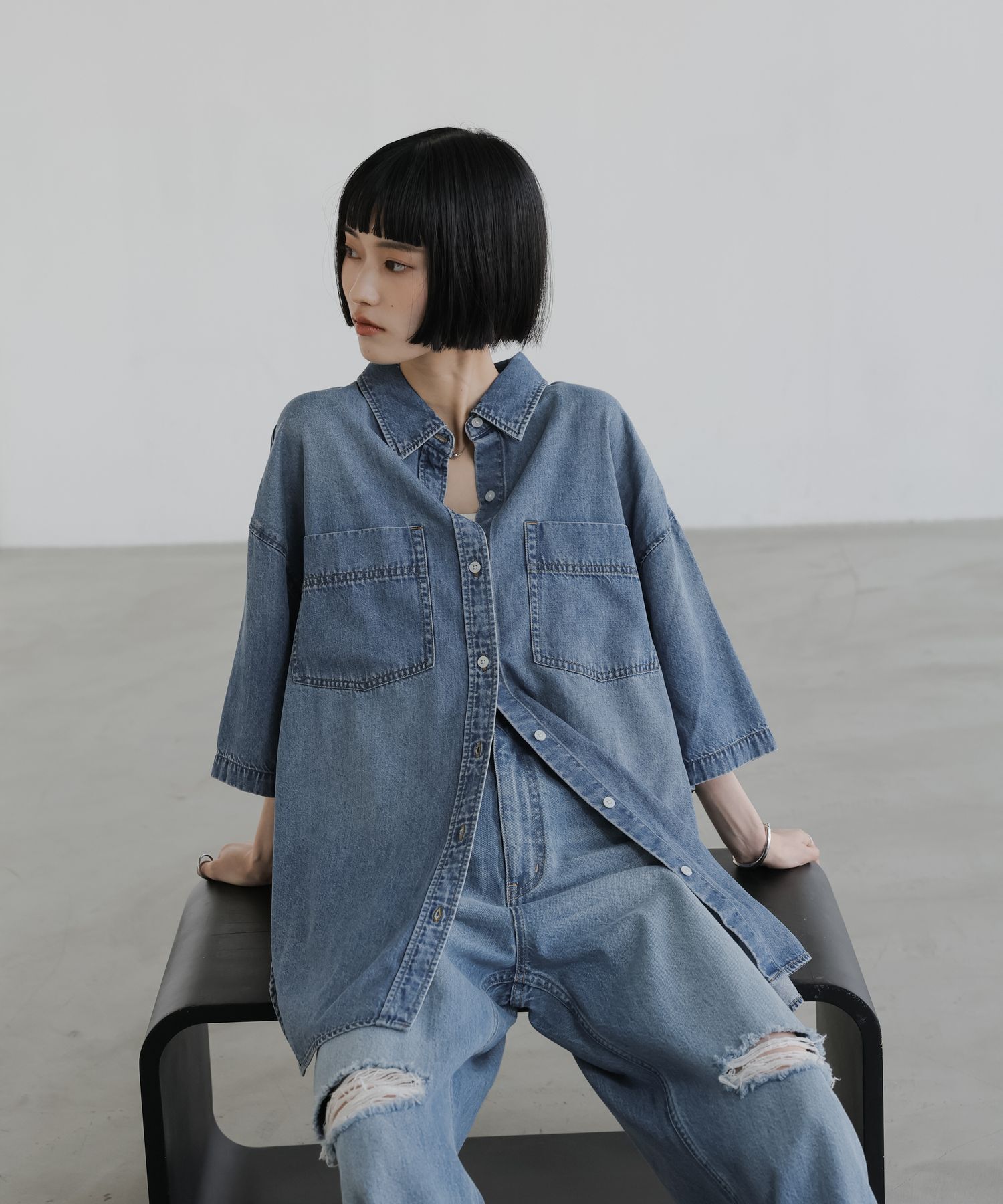 LOWRYS FARM「アソートデニムＢＩＧシャツＳＳ」|シャツ・ブラウス|