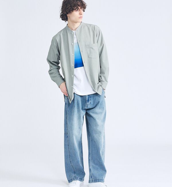 ABAHOUSE「デニムライク シャンブレー カラーレスシャツ / バンドカラーシャツ / 変形襟」|シャツ・ブラウス|