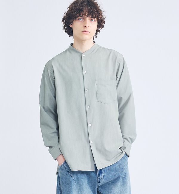 ABAHOUSE「デニムライク シャンブレー カラーレスシャツ / バンドカラーシャツ / 変形襟」|シャツ・ブラウス|