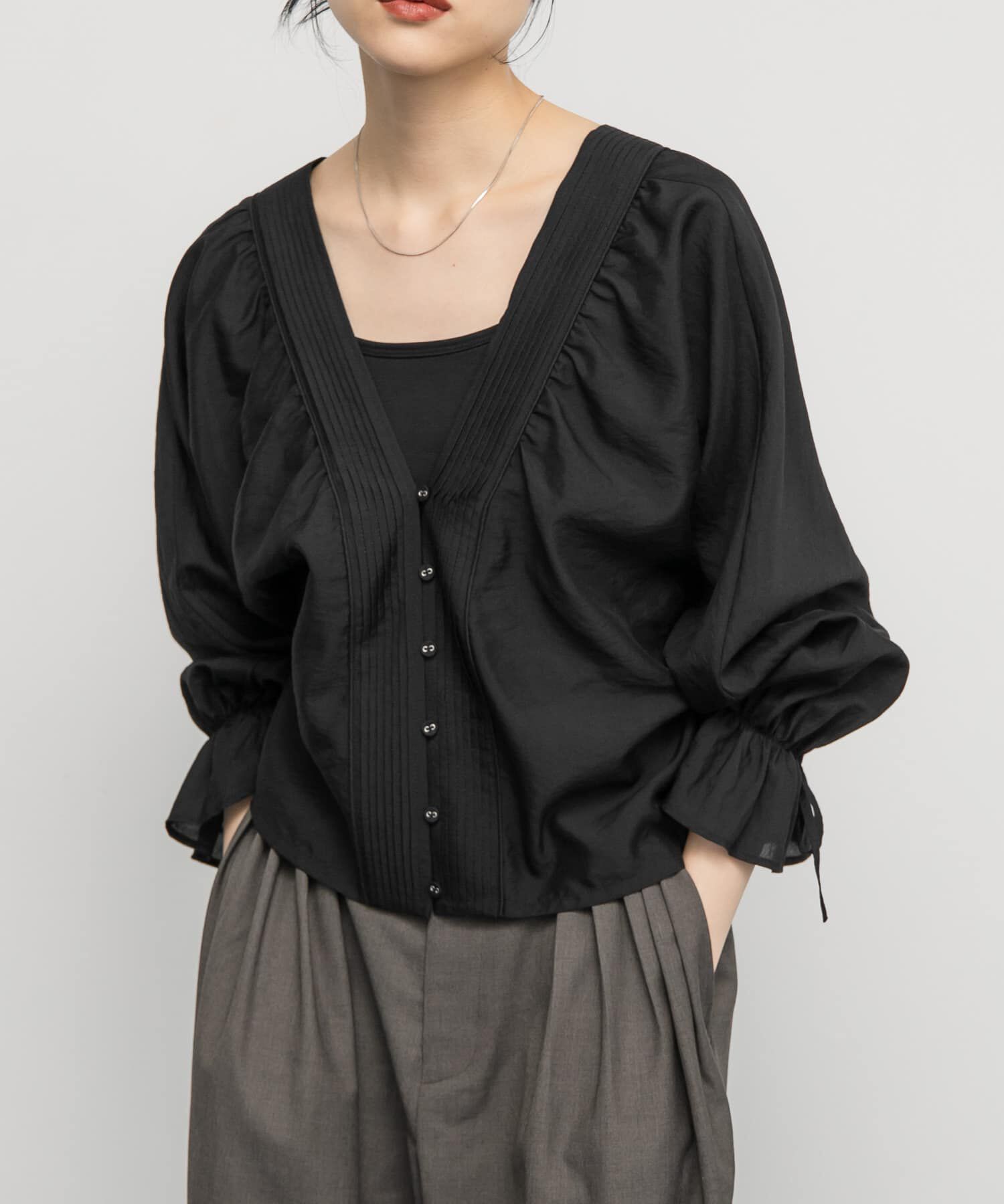  「ピンタックギャザーブラウス」|シャツ・ブラウス|ブラック