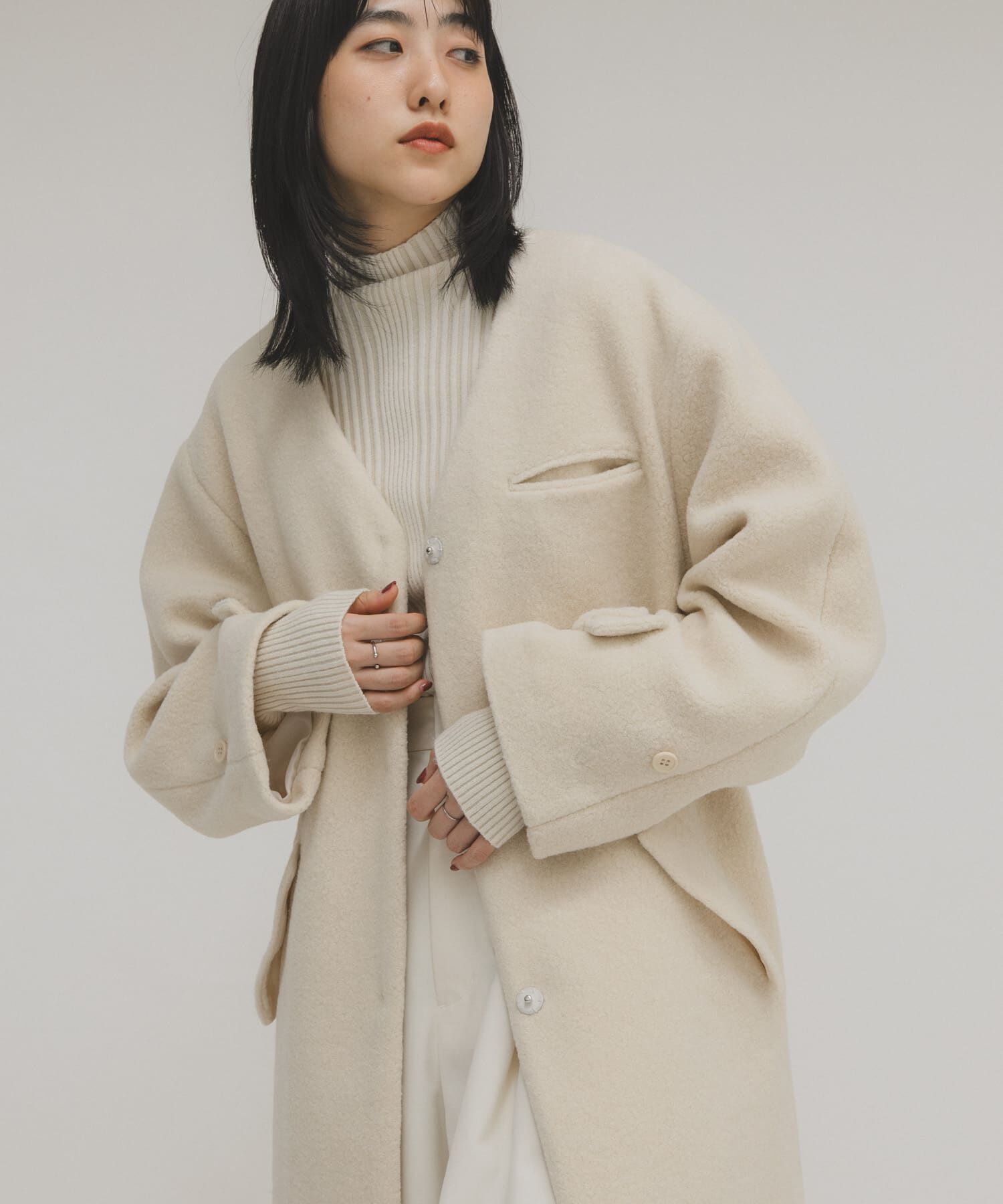  「テディボアロングコート」|ノーカラーコート|