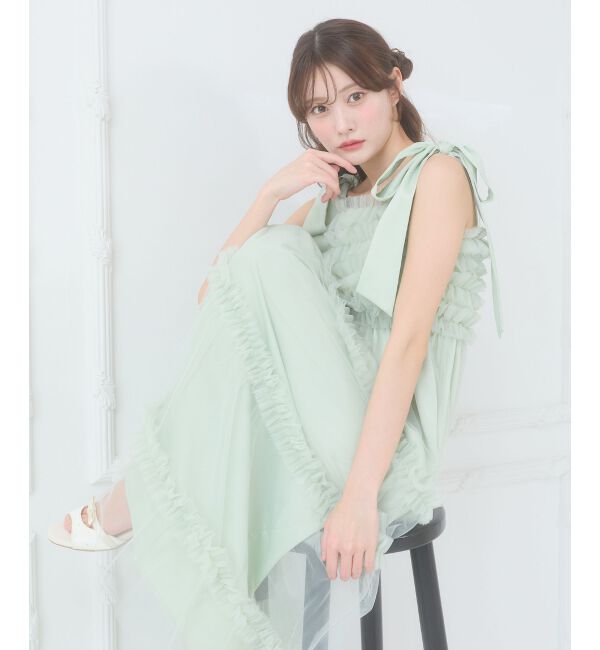  「フリルチュールロングワンピース」|ワンピース|Ｌ／グリーン