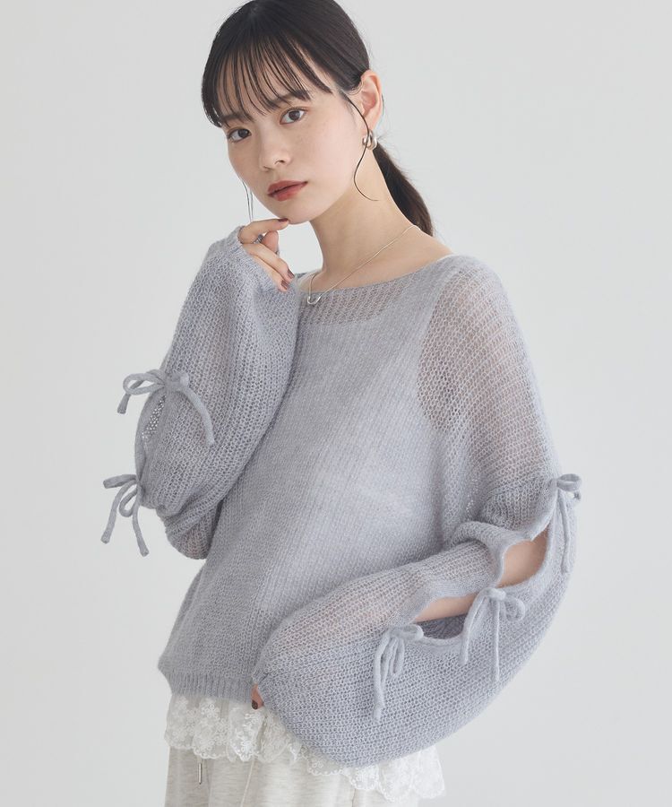 earth music&ecology「サイドリボン透かしニットプルオーバー」|ニット・セーター|グレイッシュブルー