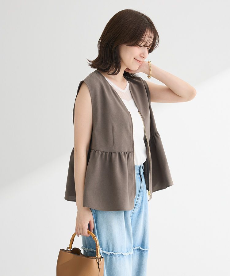Green Parks「麻調ペプラムzipベスト」|ベスト・ジレ|