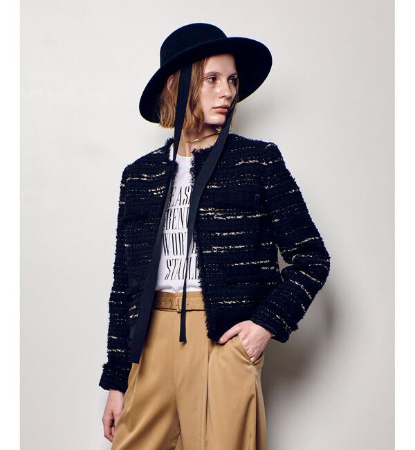 allureville「ジオリカツイードラウンドネックジャケット」|ノーカラージャケット|