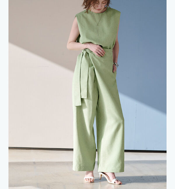 ur's「リネンライクハイウエストラップワイドパンツ」|スラックス|アップルグリーン