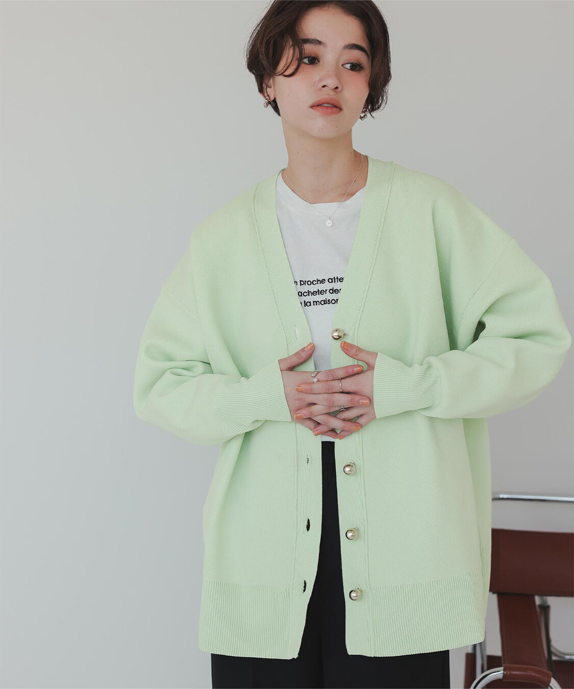 titivate「釦デザインニットカーディガン」|ニット・セーター|ライトグリーン