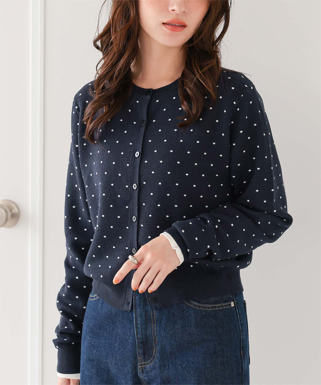 titivate「ドットジャガードニットカーディガン」|ニット・セーター|ネイビー