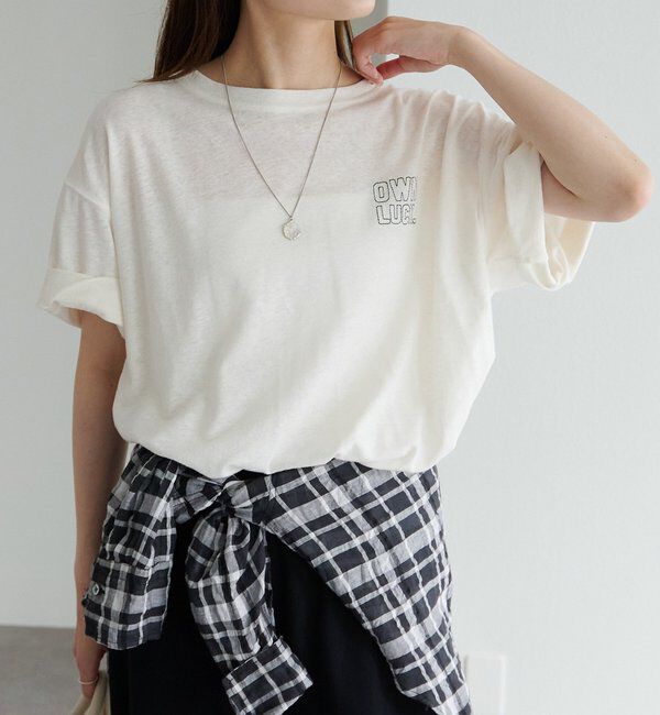  「ロゴ刺繍&times;フロッキープリント麻混Tシャツ」|Tシャツ・カットソー|