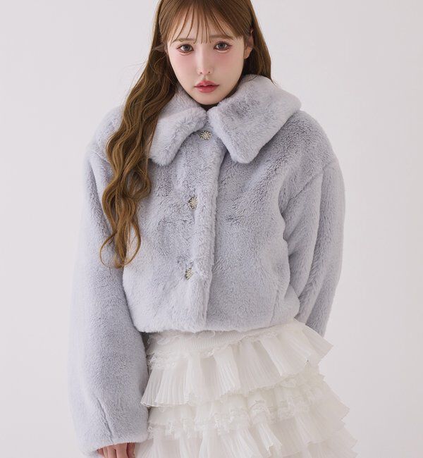  「衿つきエコファーショートコート」|ダウンベスト・ベスト|サックスブルー