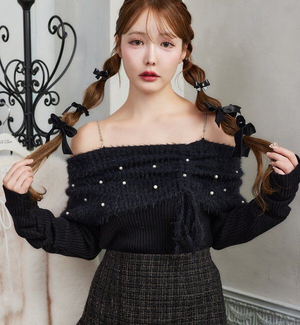  「パール&times;ビジューオフショルニット」|ニット・セーター|