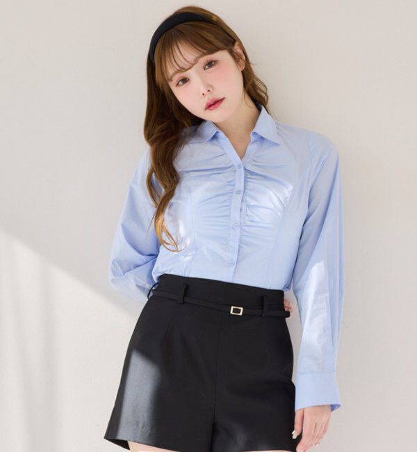  「【リボン取り外し可能】フロントギャザーボウタイシャツ」|シャツ・ブラウス|