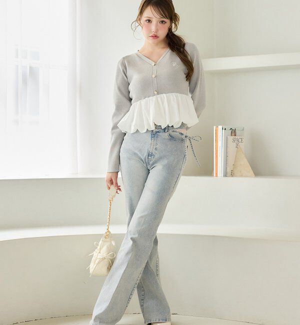  「【選べる4サイズ】サイドカットレース美脚ビジューデニム」|その他|