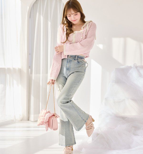  「【選べる4サイズ】サイドカットレース美脚ビジューデニム」|その他|