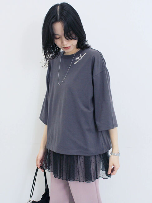 Samansa Mos2 blue「チェーン刺繍7分袖プルオーバー」|Tシャツ・カットソー|