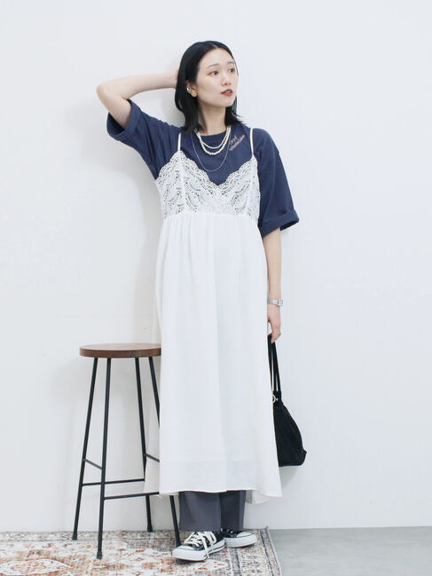 Samansa Mos2 blue「チェーン刺繍7分袖プルオーバー」|Tシャツ・カットソー|