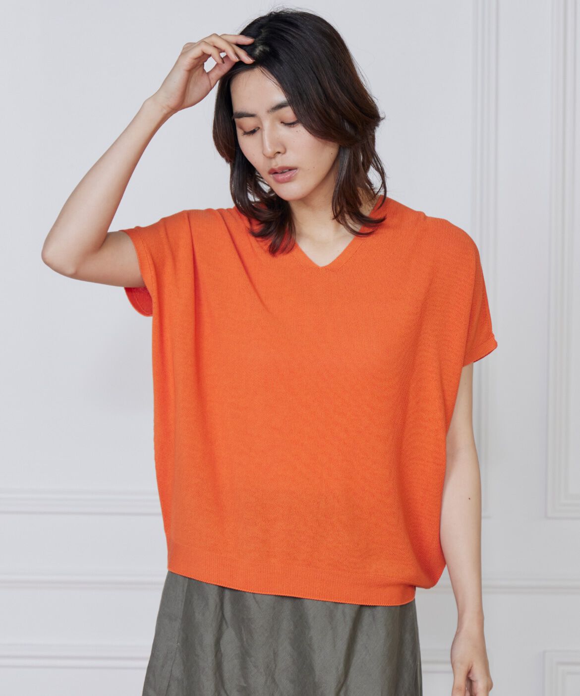 INED「《WEB限定》鹿の子編みVネックサマーニット《Cuoo》」|ニット・セーター|オレンジ1