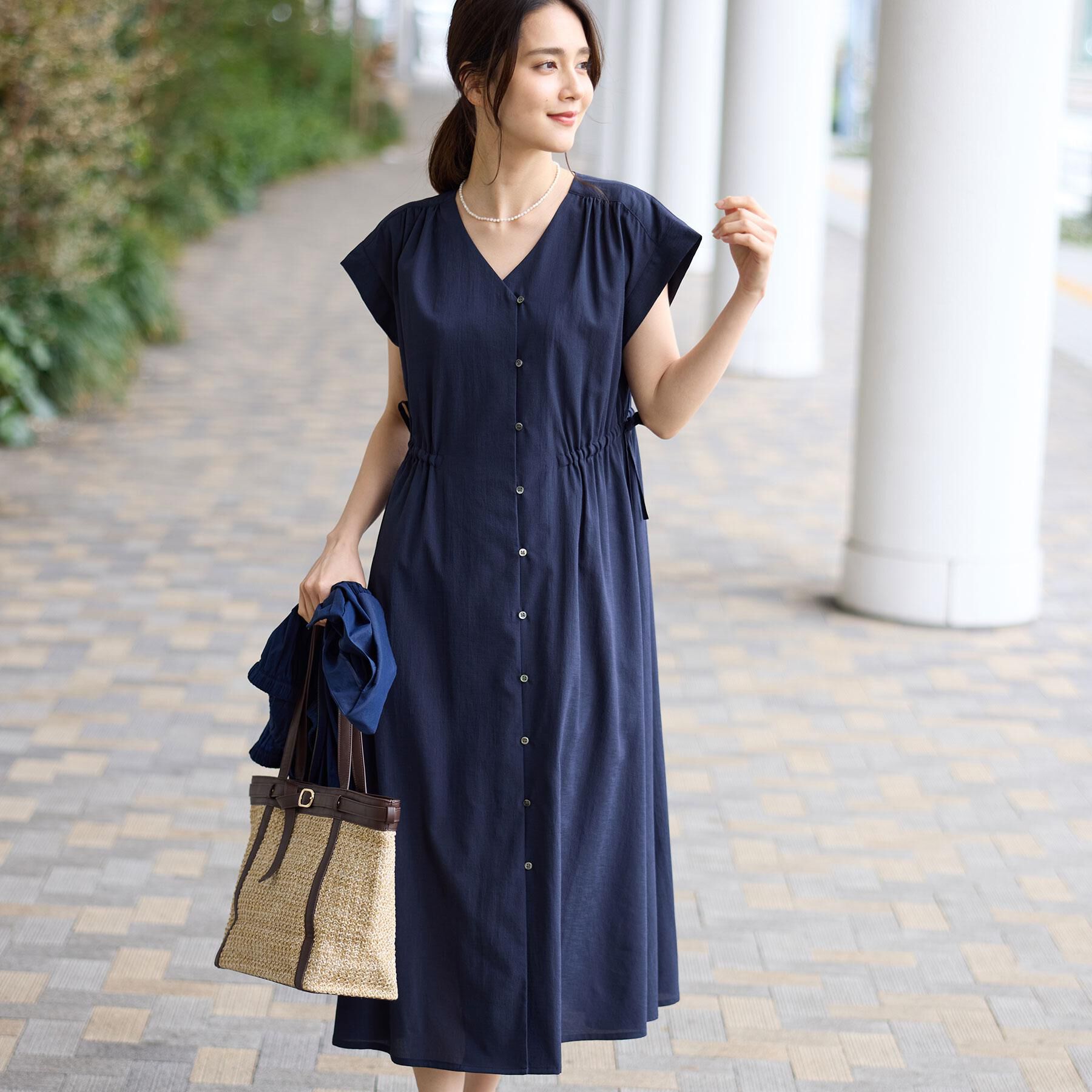 Reflect「【通気性あり／涼しい／マシンウォッシャブル】フロントボタンワンピース」|ワンピース|ネイビー(094)